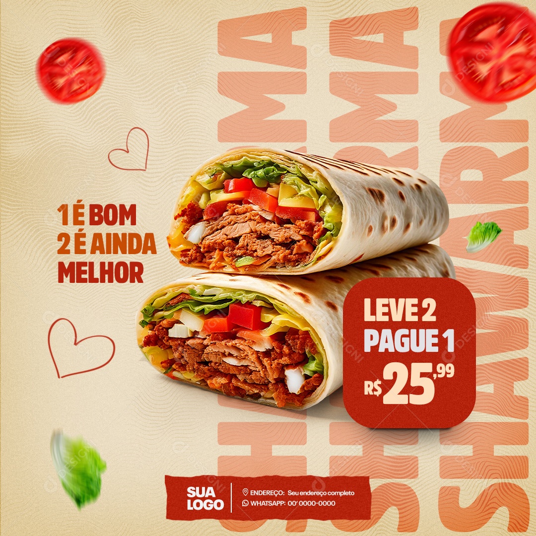 Shawarma Um é Bom Dois é Ainda Melhor Leve Dois Pague Um Social Media PSD Editável