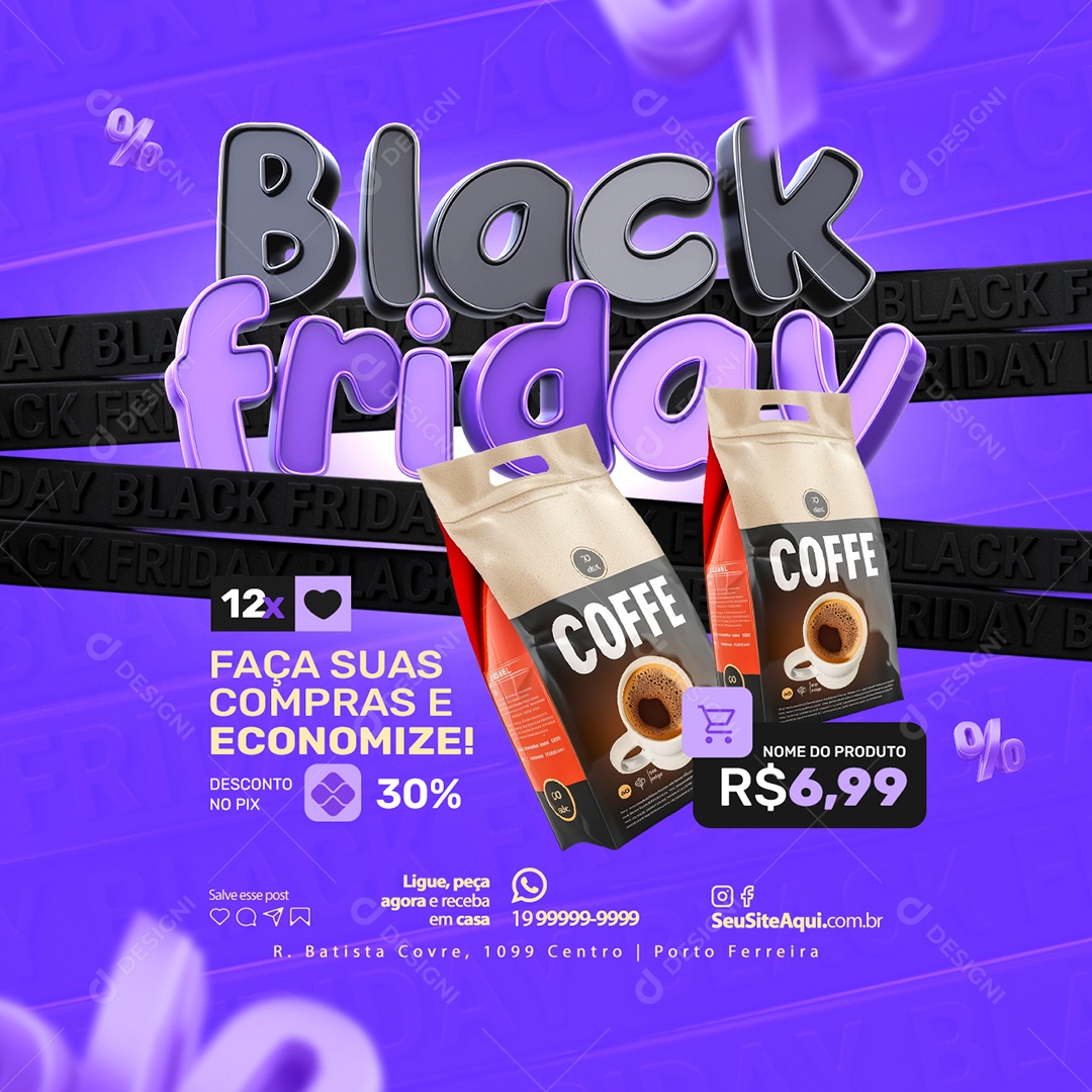 Supermercado Black Friday Faça suas Compras e Economize Pacote de Café Social Media PSD Editável
