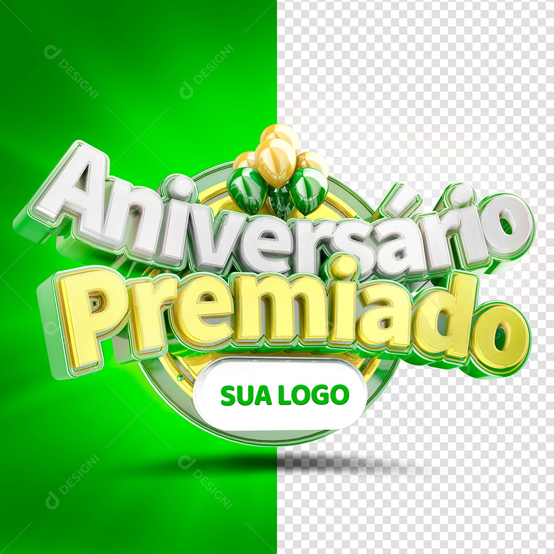 Selo 3D Aniversário Premiado Verde para Composição PSD