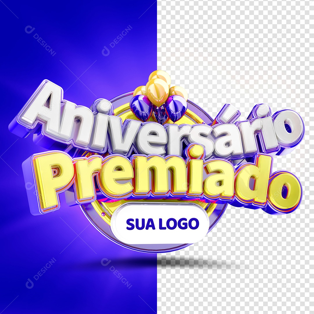 Selo 3D Aniversário Premiado Azul para Composição PSD