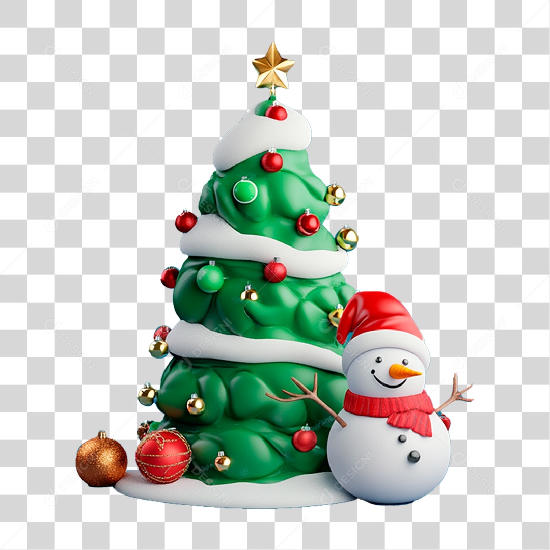 Árvore de Natal com Boneco de Neve PNG Transparente