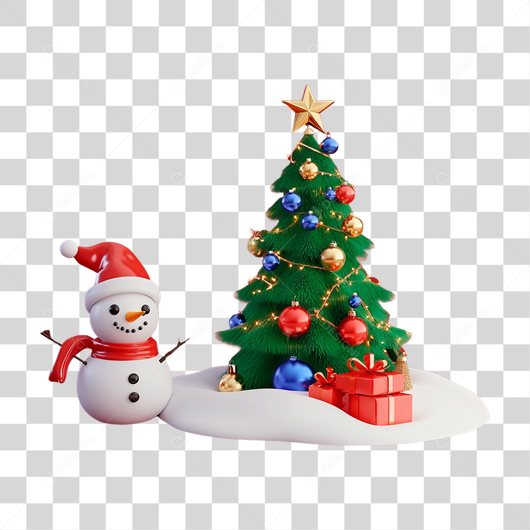 Árvore de Natal com Boneco de Neve PNG Transparente