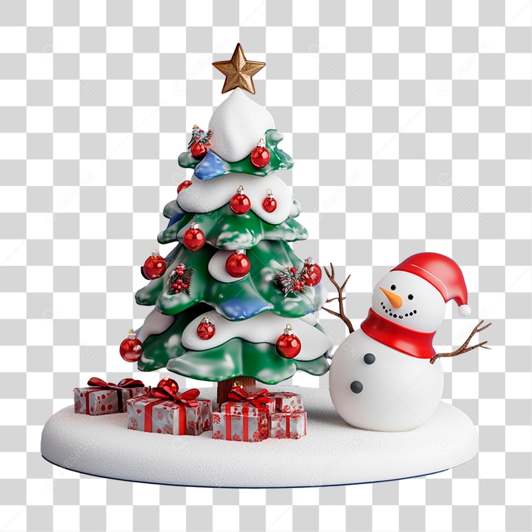 Árvore de Natal com Boneco de Neve PNG Transparente
