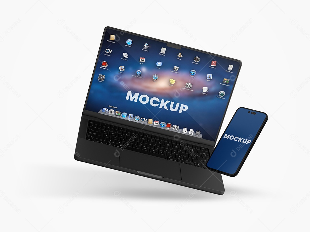 Celular e Notebook Voando Mockup PSD Editável
