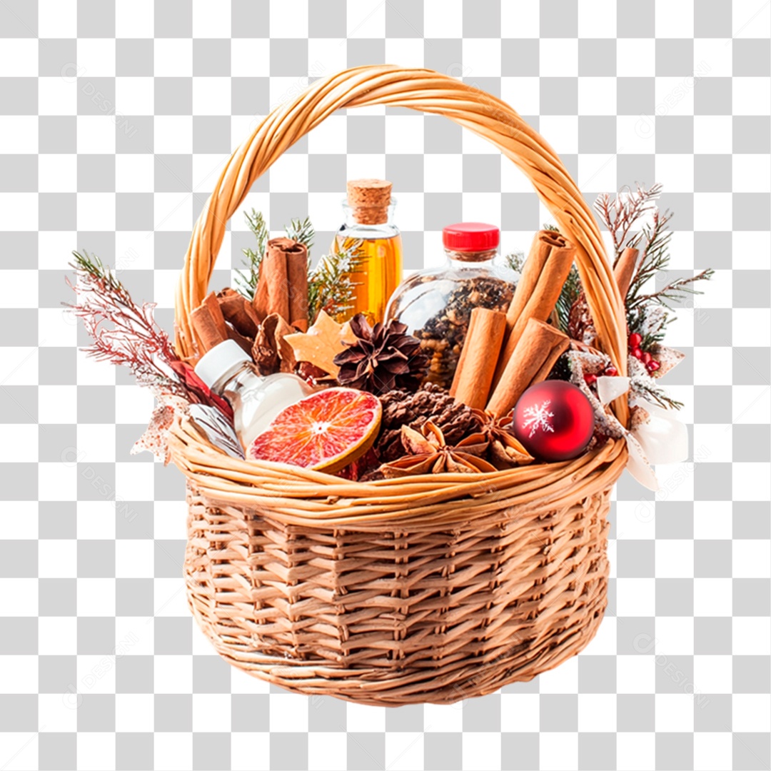 Cesta de Natal Cheia de Comidas e Bebidas PNG Transparente