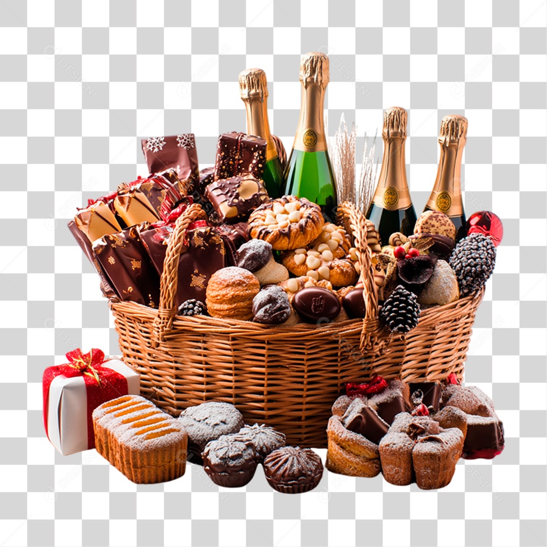 Cesta de Natal Cheia de Presentes PNG Transparente