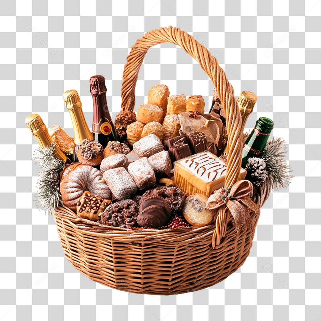 Cesta de Natal Cheia de Presentes PNG Transparente