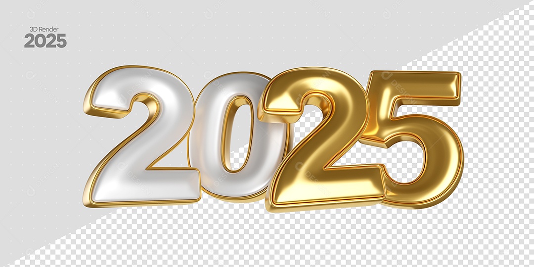 Número 2025 Elemento 3D Dourado e Branco de Ano Novo para Composição PSD