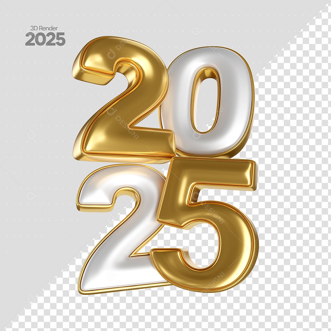 Número 2025 Elemento 3D Dourado e Branco de Ano Novo para Composição PSD