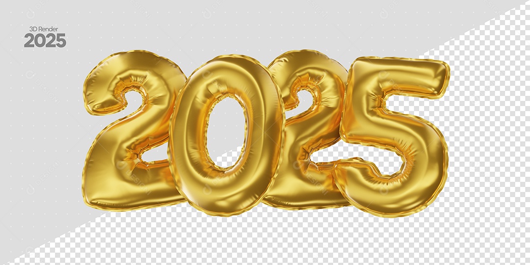Balão de Número 2025 Elemento 3D Dourado de Ano Novo para Composição PSD