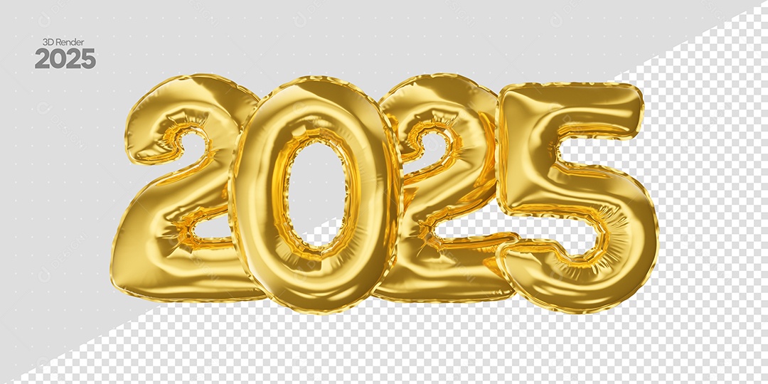 Balão de Número 2025 Elemento 3D Dourado de Ano Novo para Composição PSD
