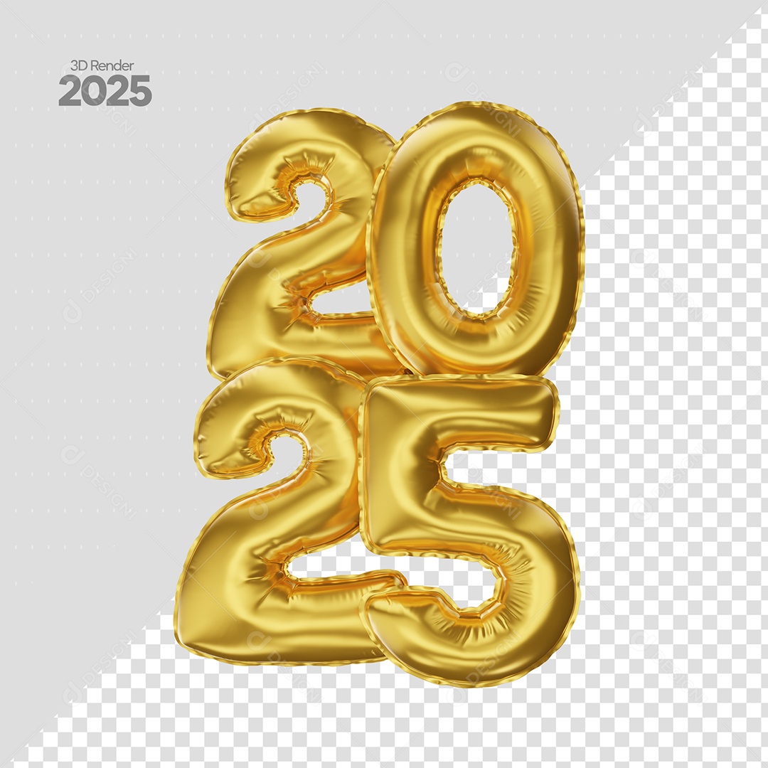 Balão de Número 2025 Elemento 3D Dourado de Ano Novo para Composição PSD