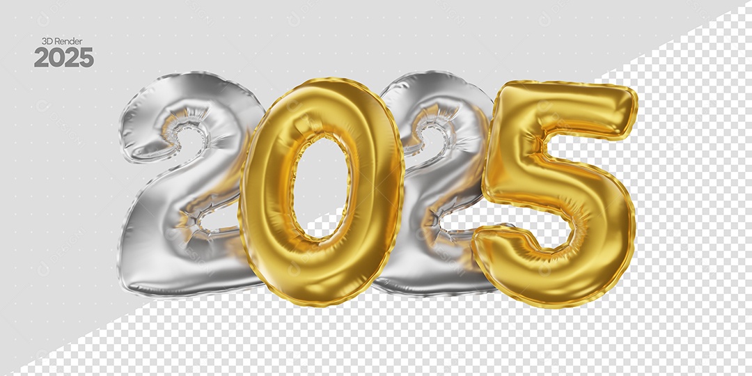 Balão de Número 2025 Elemento 3D Dourado e Cinza de Ano Novo para Composição PSD