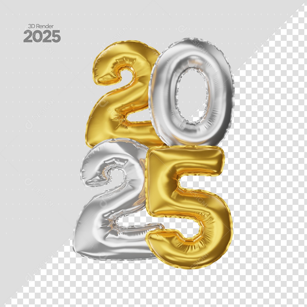 Balão de Número 2025 Elemento 3D Cinza e Dourado de Ano Novo para Composição PSD