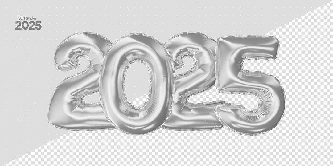 Balão de Número 2025 Elemento 3D Cinza de Ano Novo para Composição PSD