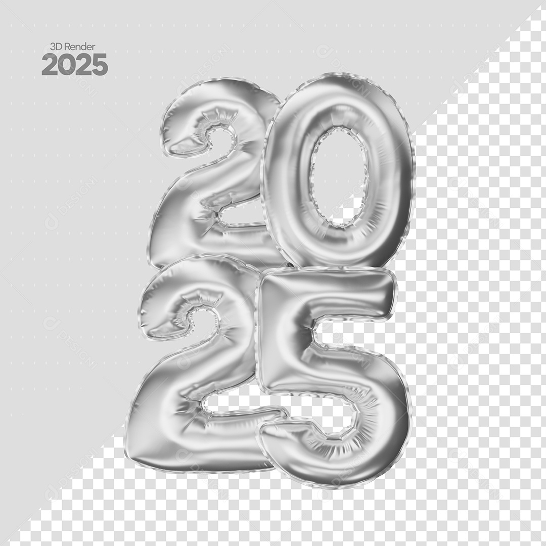 Balão de Número 2025 Elemento 3D Cinza de Ano Novo para Composição PSD