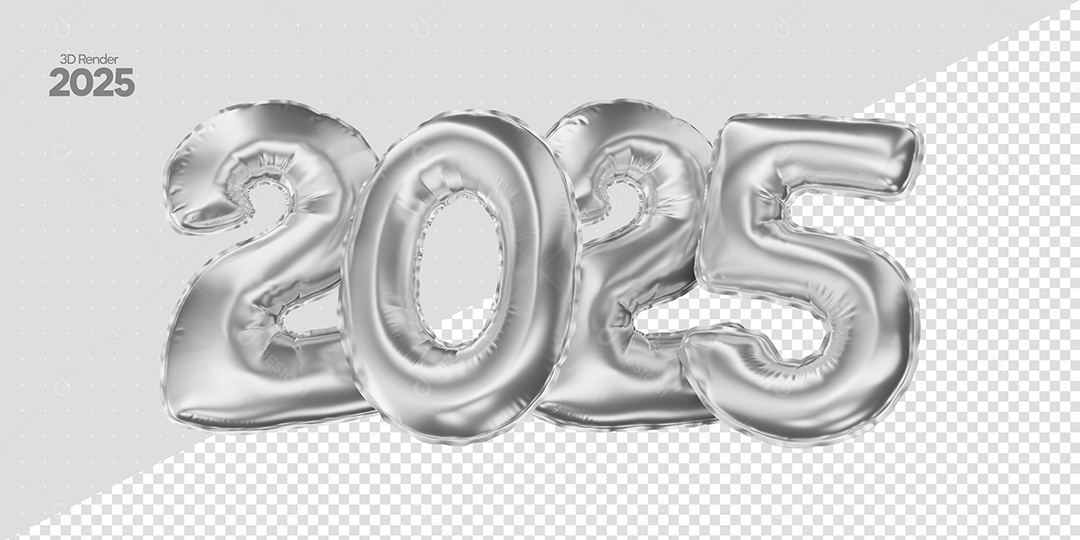 Balão de Número 2025 Elemento 3D Cinza de Ano Novo para Composição PSD