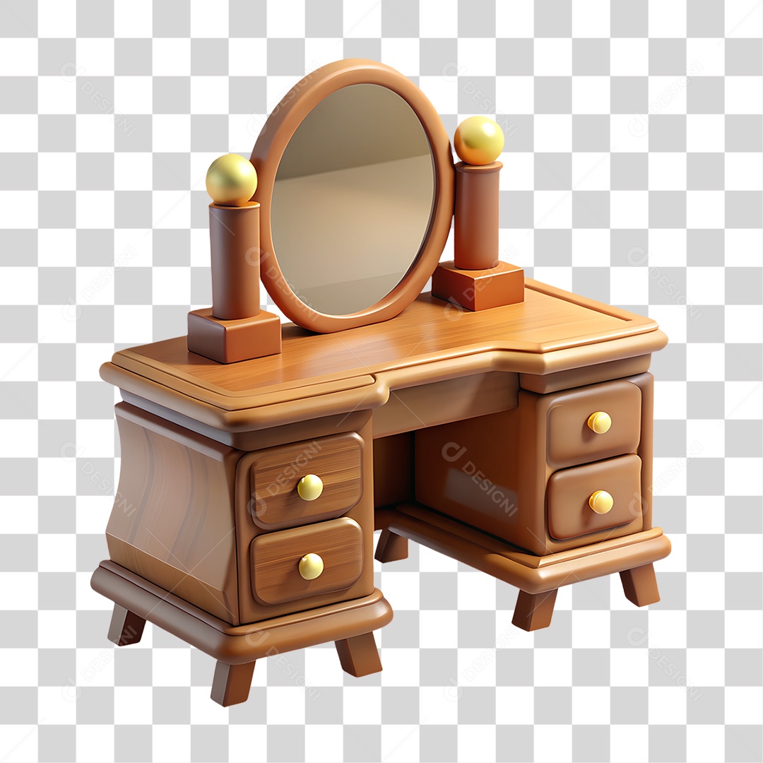 Penteadeira de Madeira com Espelho e Gavetas Elemento 3D para Composição PNG Transparente