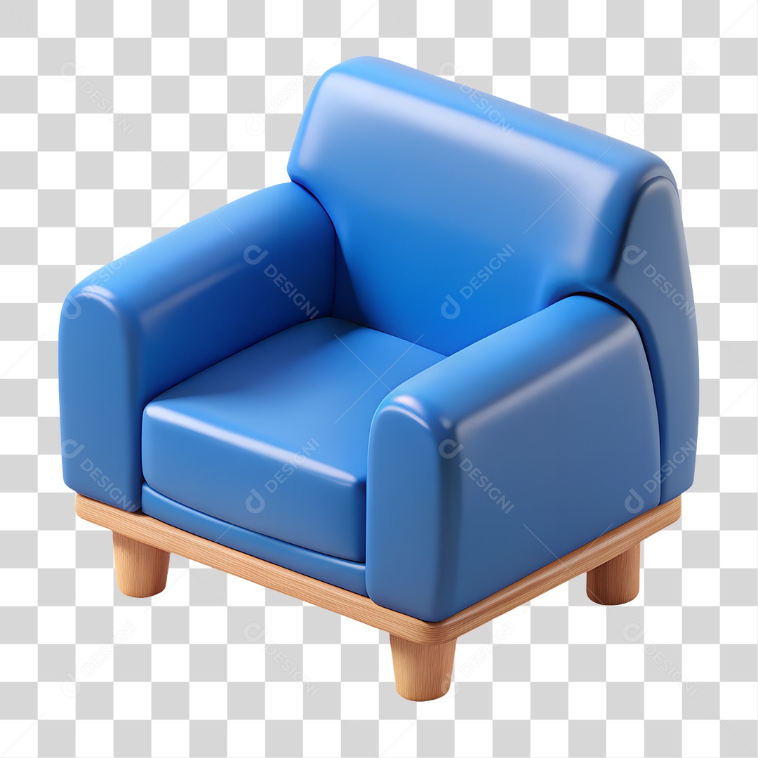 Poltrona Azul com Base de Madeira Elemento 3D Para Composição PNG Transparente