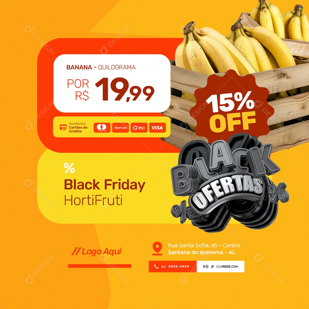 Supermercado Black Ofertas Banana 15% Off Hortifruti Social Media PSD Editável