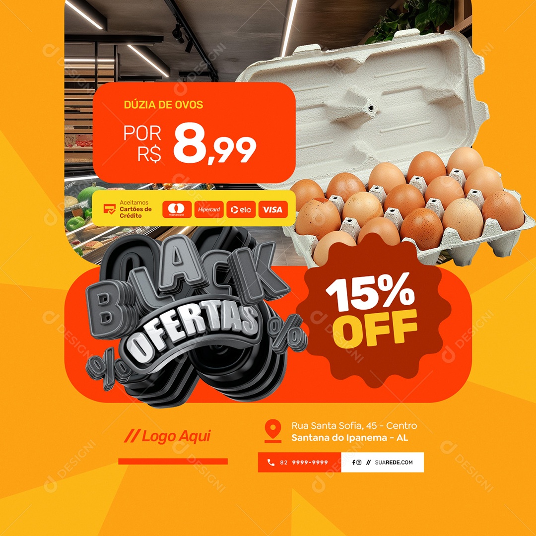 Supermercado Black Ofertas Dúzia de OVos 15 Off Social Media PSD Editável