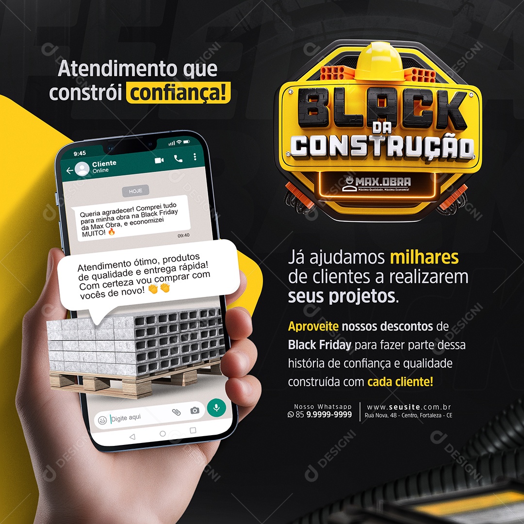 Black da Construção Atendimento que Constrói Social Media PSD Editável