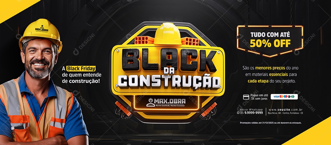 Banner Black da Construção Tudo com Até 50% Off Social Media PSD Editável