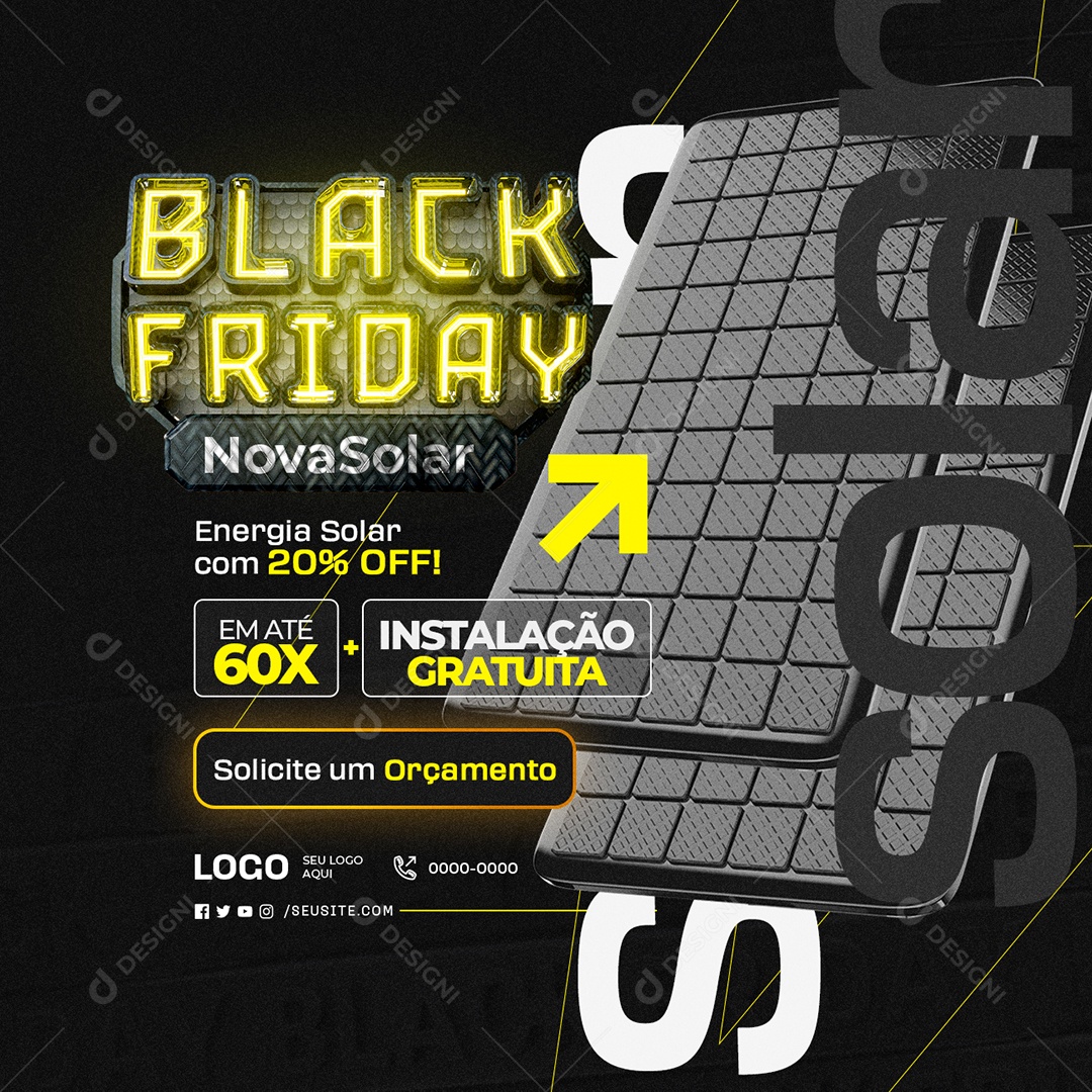 Energia Solar Black Friday com 20% Off Social Media PSD Editável