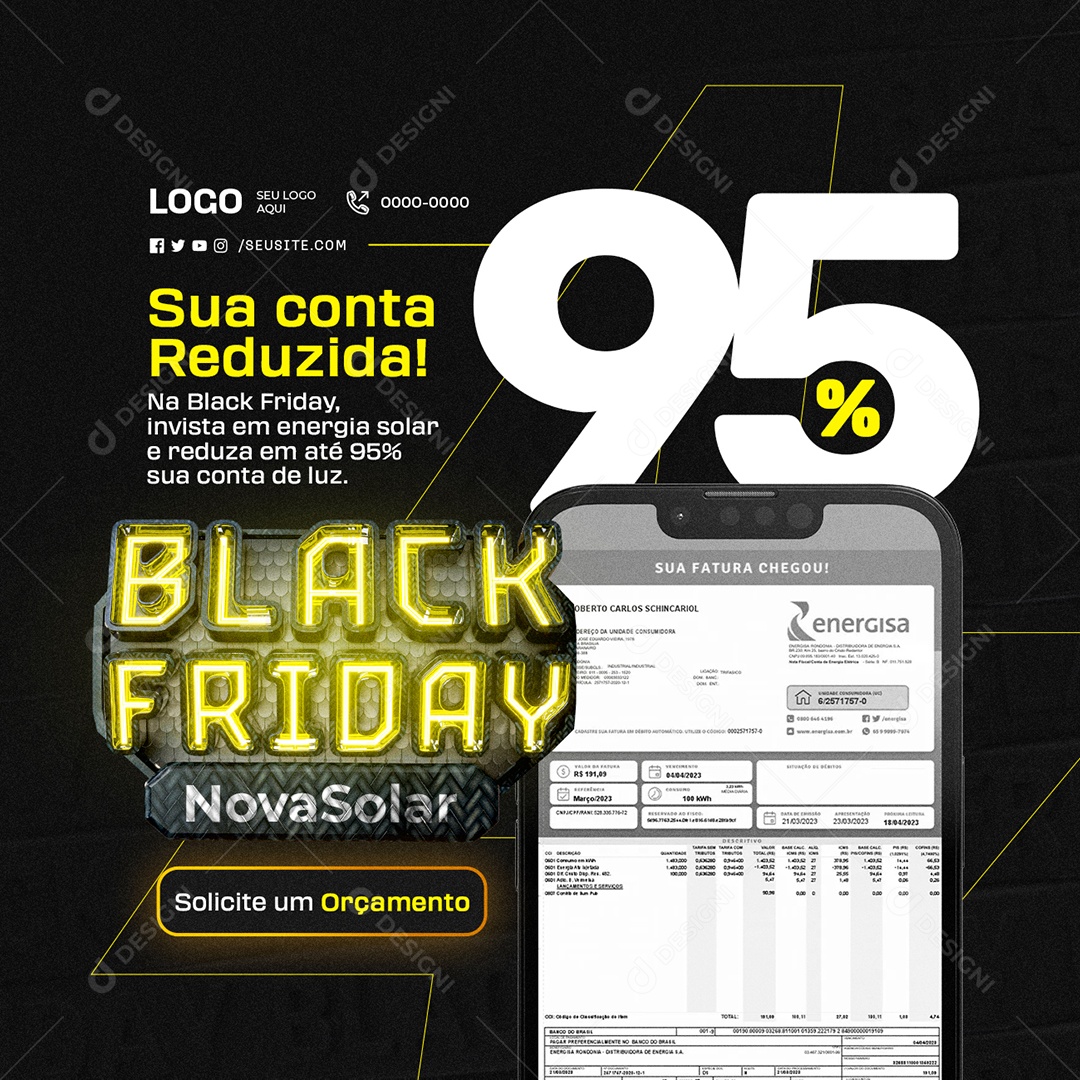 Energia Solar Black Friday Sua Conta Reduzida Social Media PSD Editável
