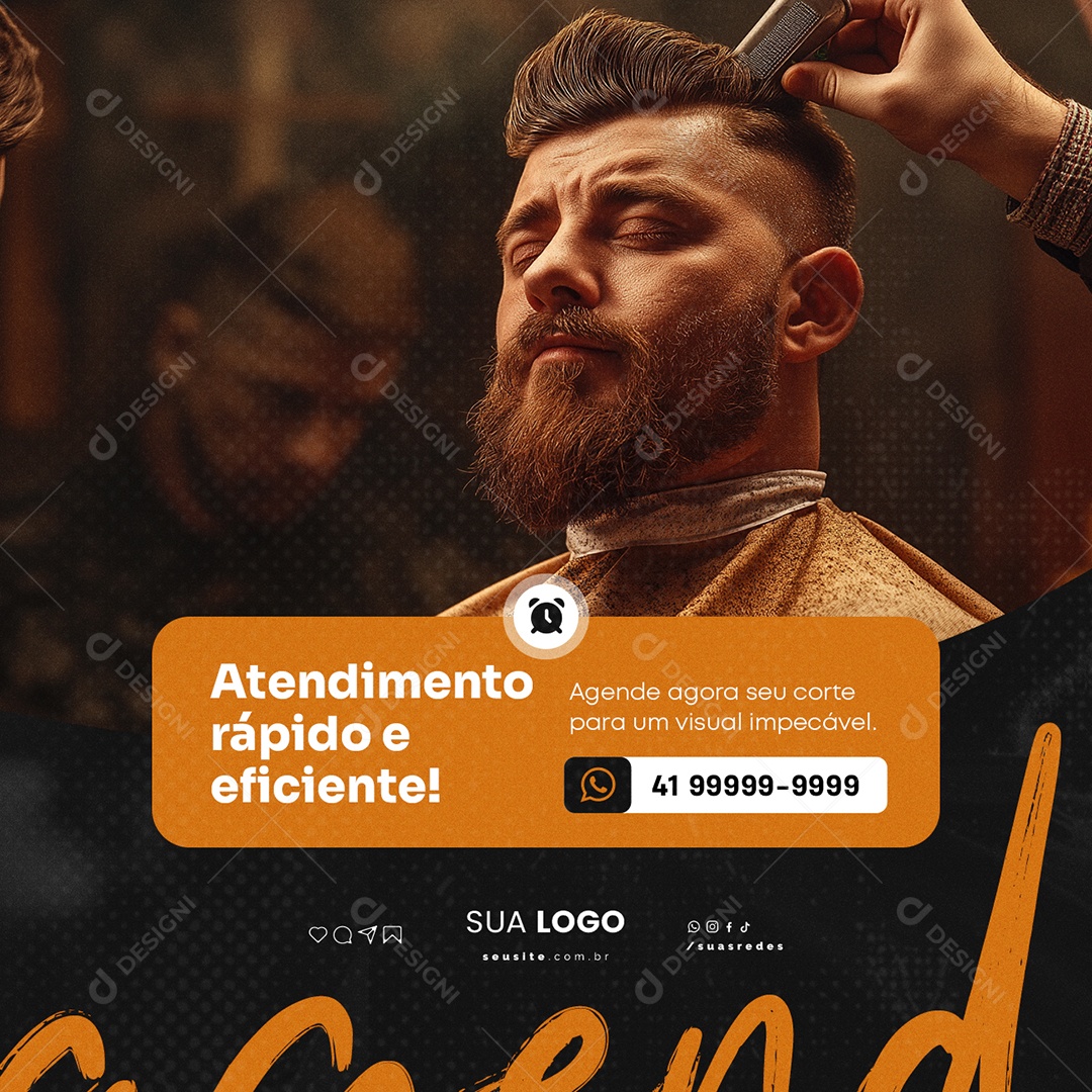Barbearia Atendimento Rápido e Eficiente Social Media PSD Editável