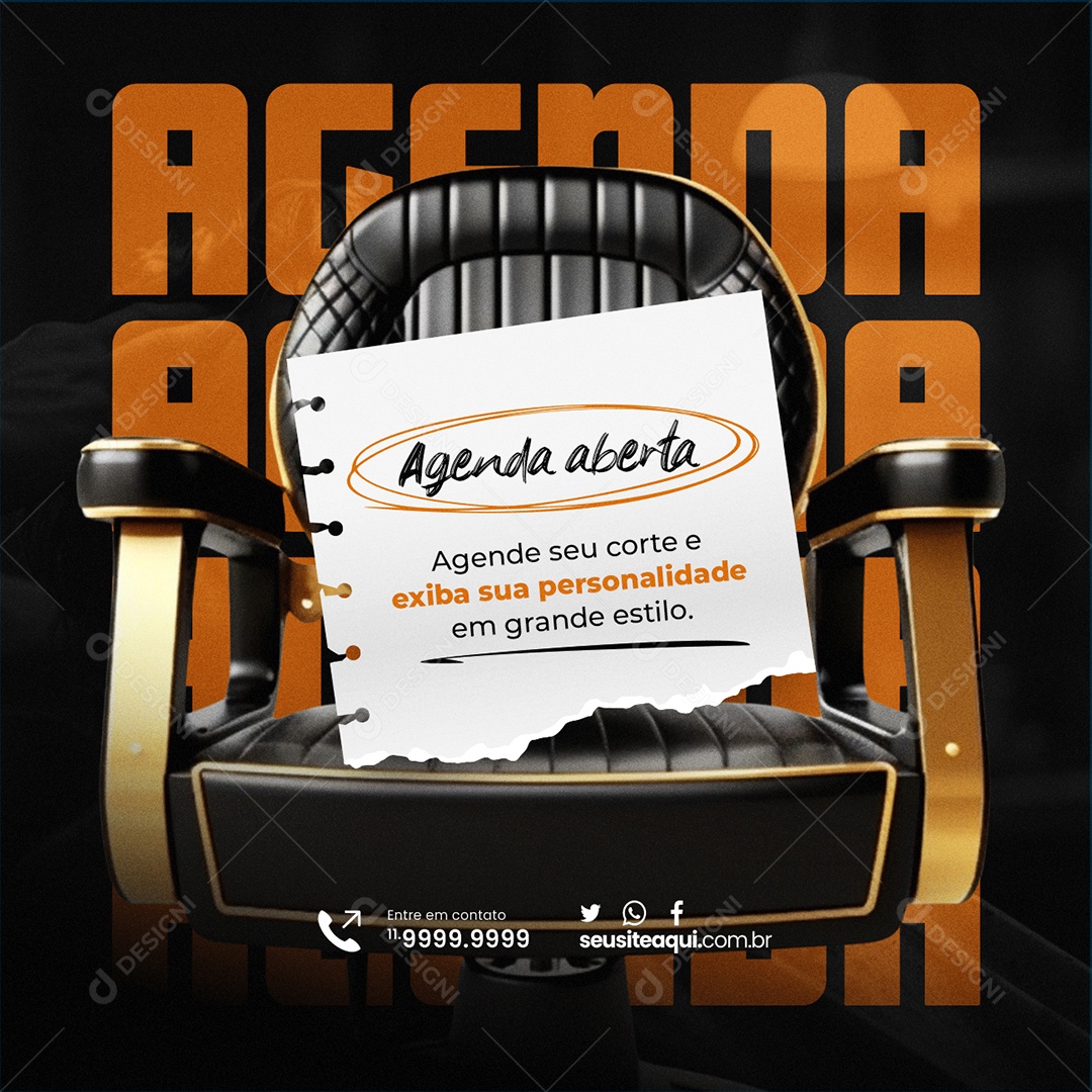 Barbearia Agenda Aberta Social Media PSD Editável