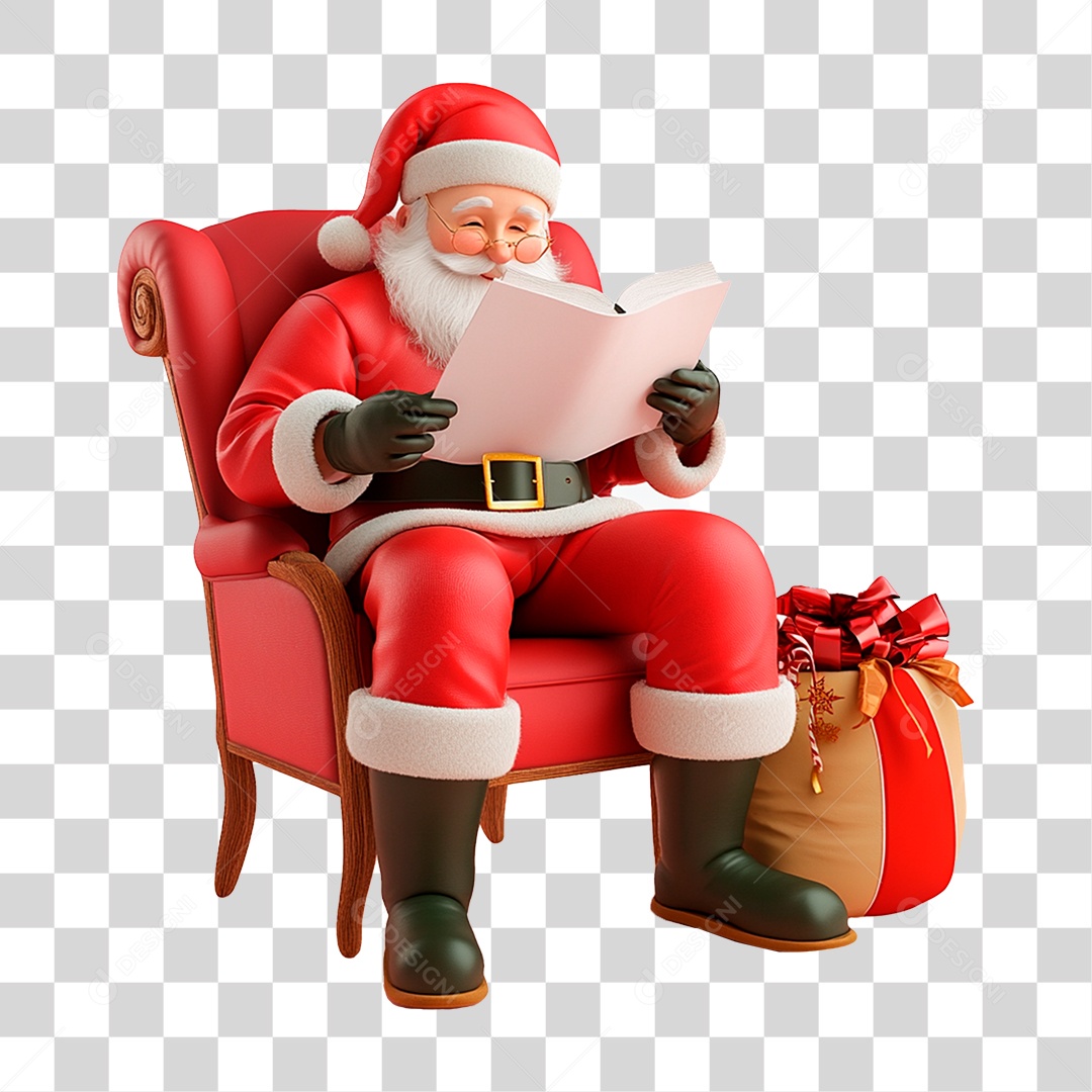 Papai Noel Sentado Lendo Livro PNG Transparente
