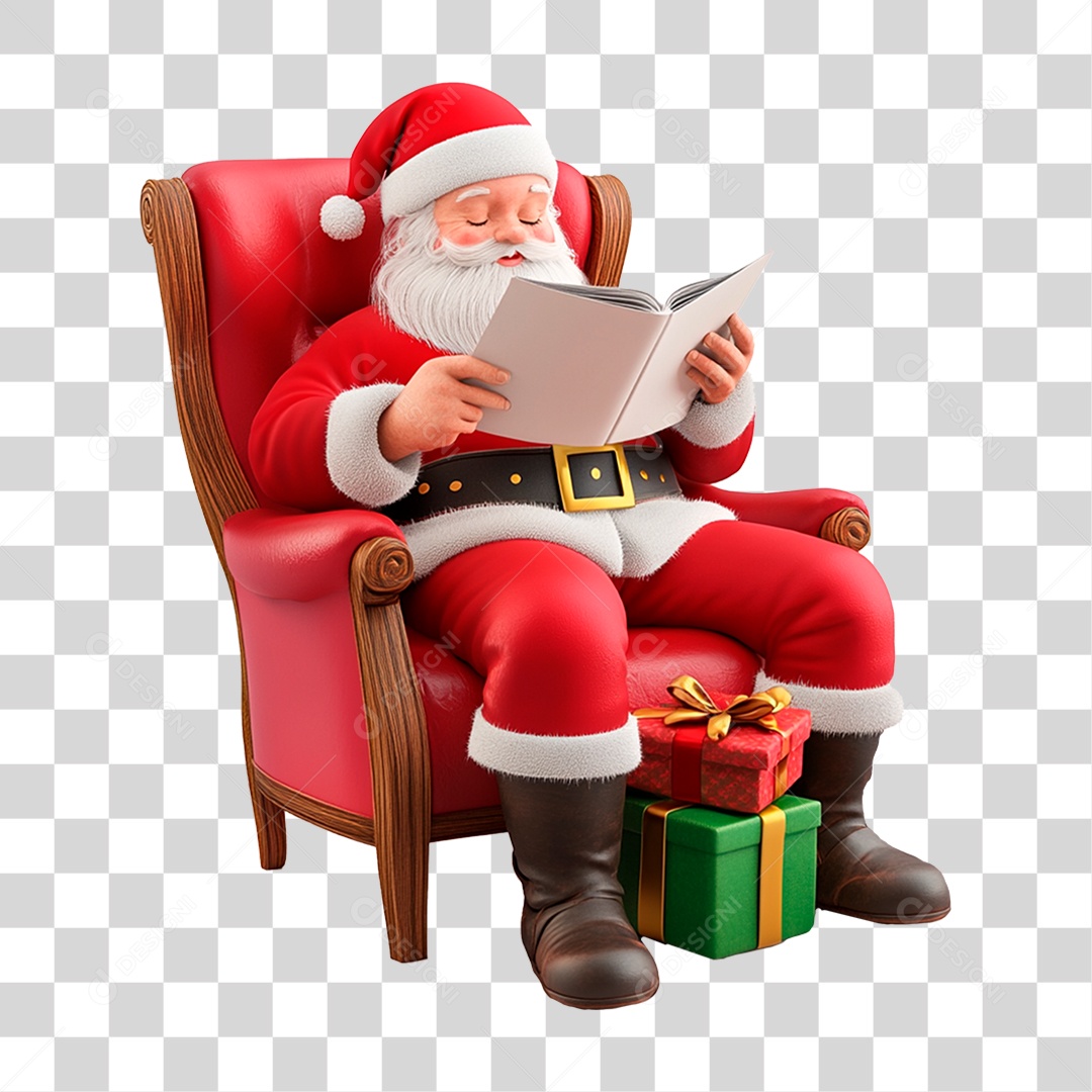 Papai Noel Sentado Lendo Livro PNG Transparente