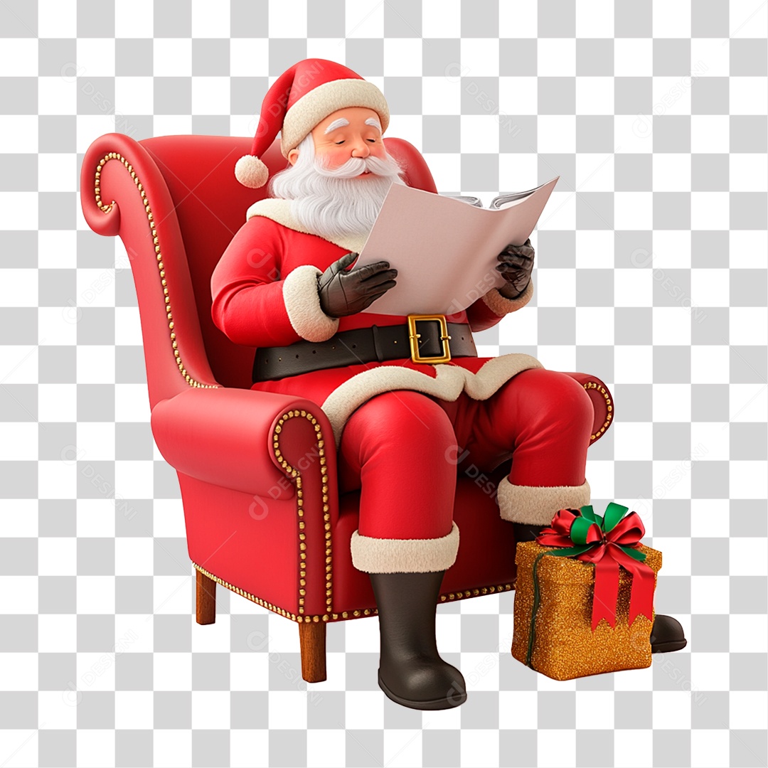 Papai Noel Sentado Lendo Livro PNG Transparente