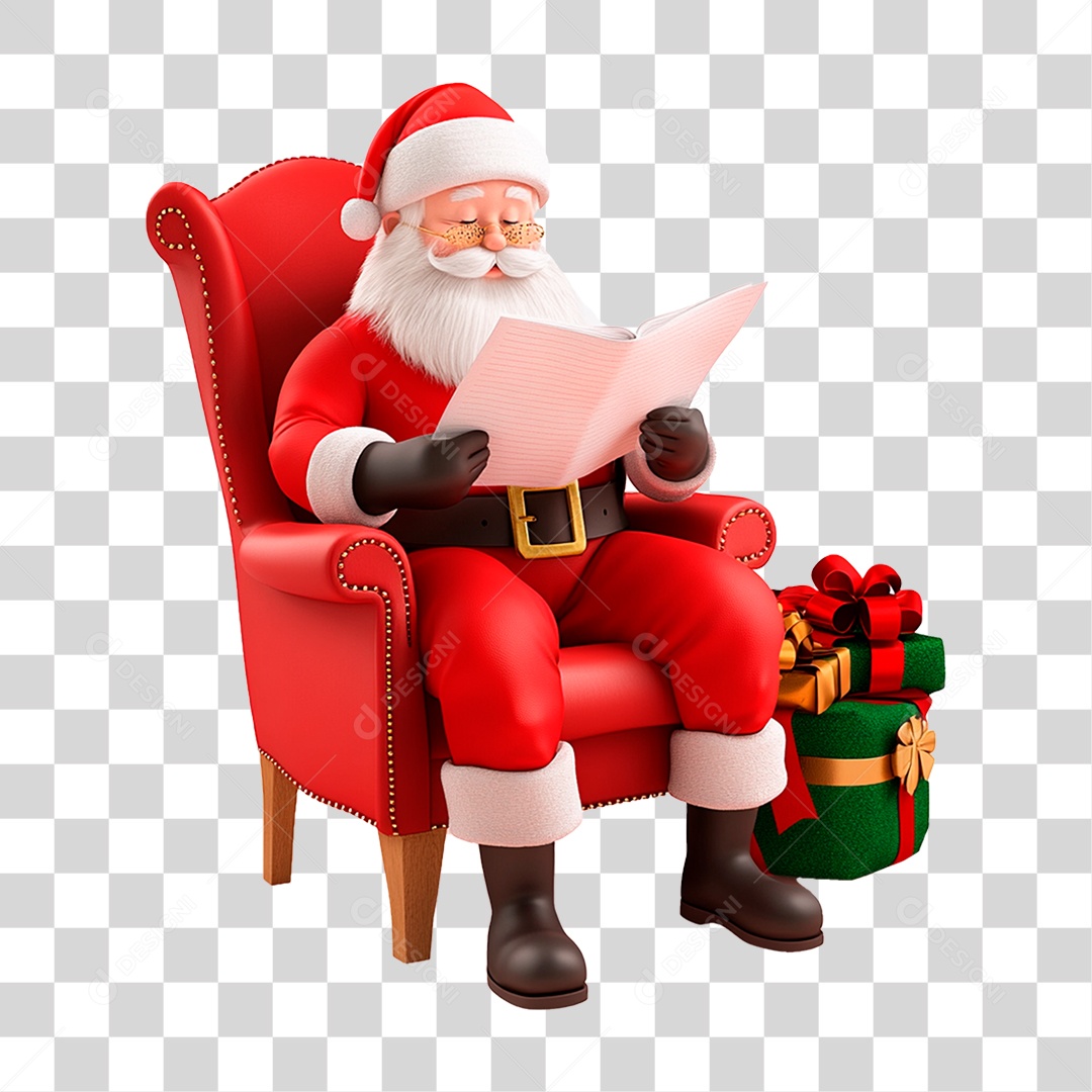 Papai Noel Sentado Lendo Livro PNG Transparente