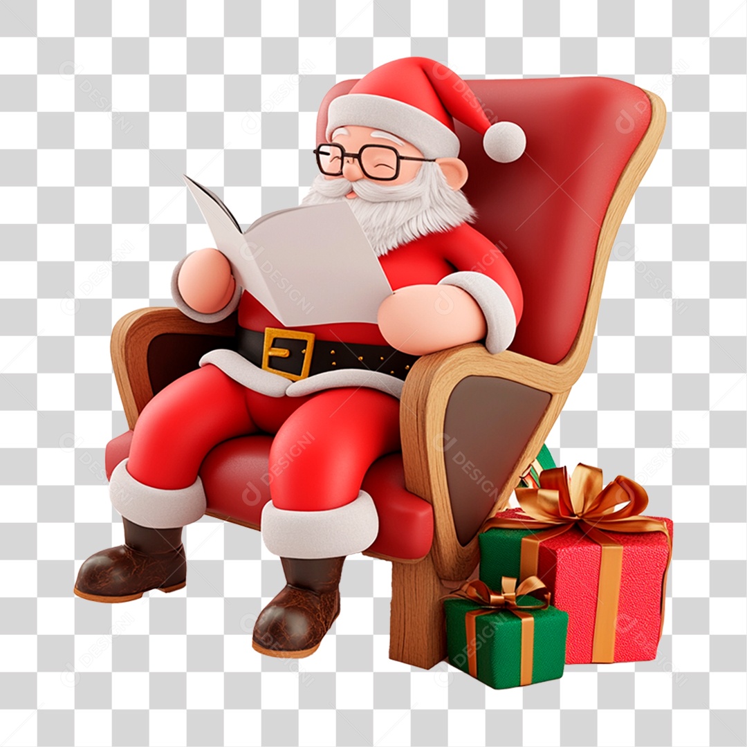 Papai Noel Sentado Lendo Livro PNG Transparente