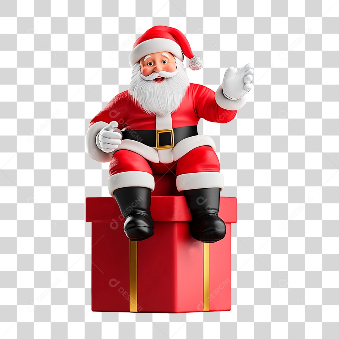 Papai Noel Sentado em Caixa de Presente PNG Transparente