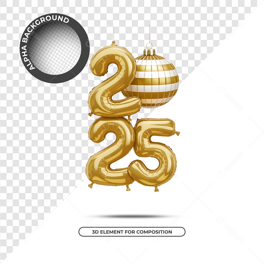 Ano Novo 2025 Elemento 3D Dourado para Composição PSD