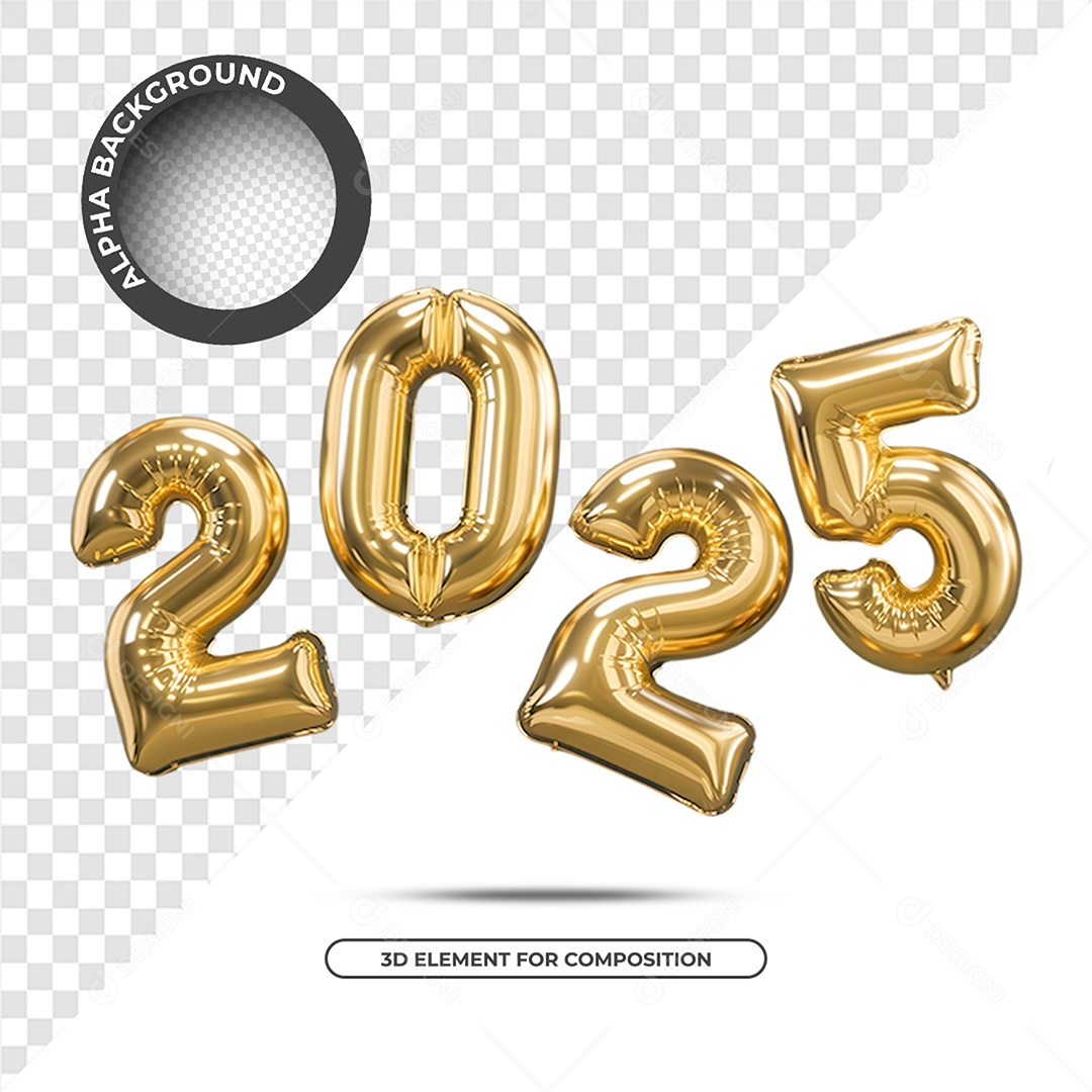 Ano Novo 2025 Elemento 3D Dourado para Composição PSD