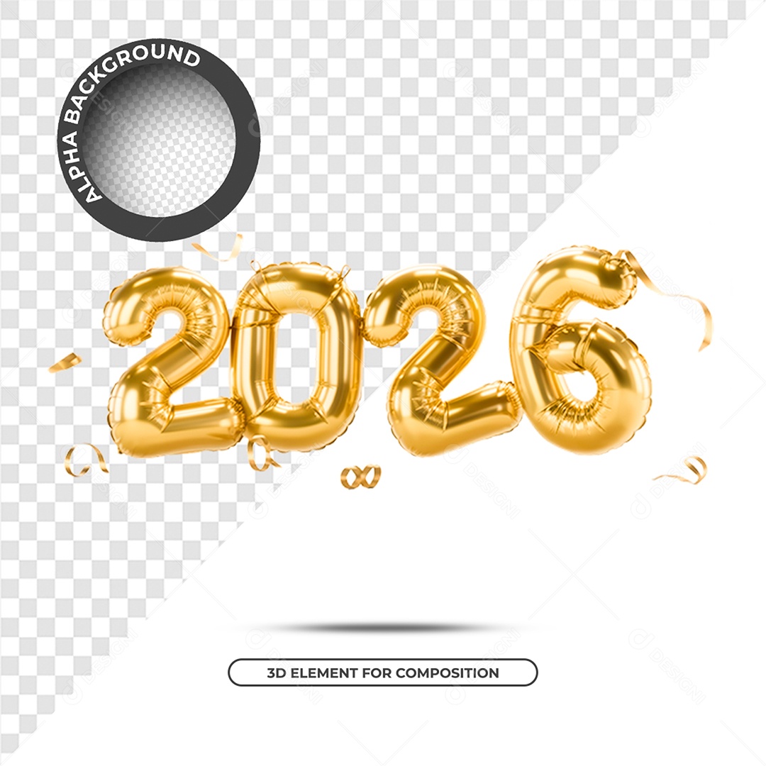 Ano Novo 2026 Elemento 3D Dourado para Composição PSD