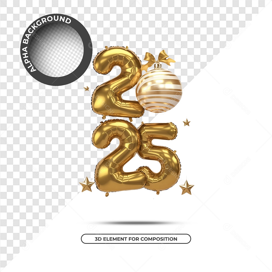 Ano Novo 2025 Elemento 3D Dourado para Composição PSD