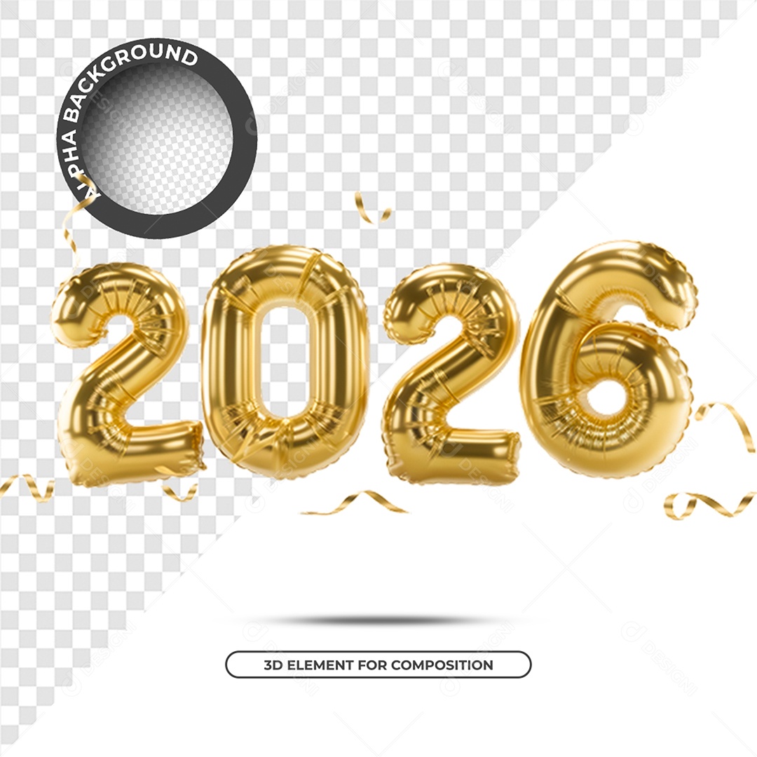 Ano Novo 2026 Elemento 3D Dourado para Composição PSD