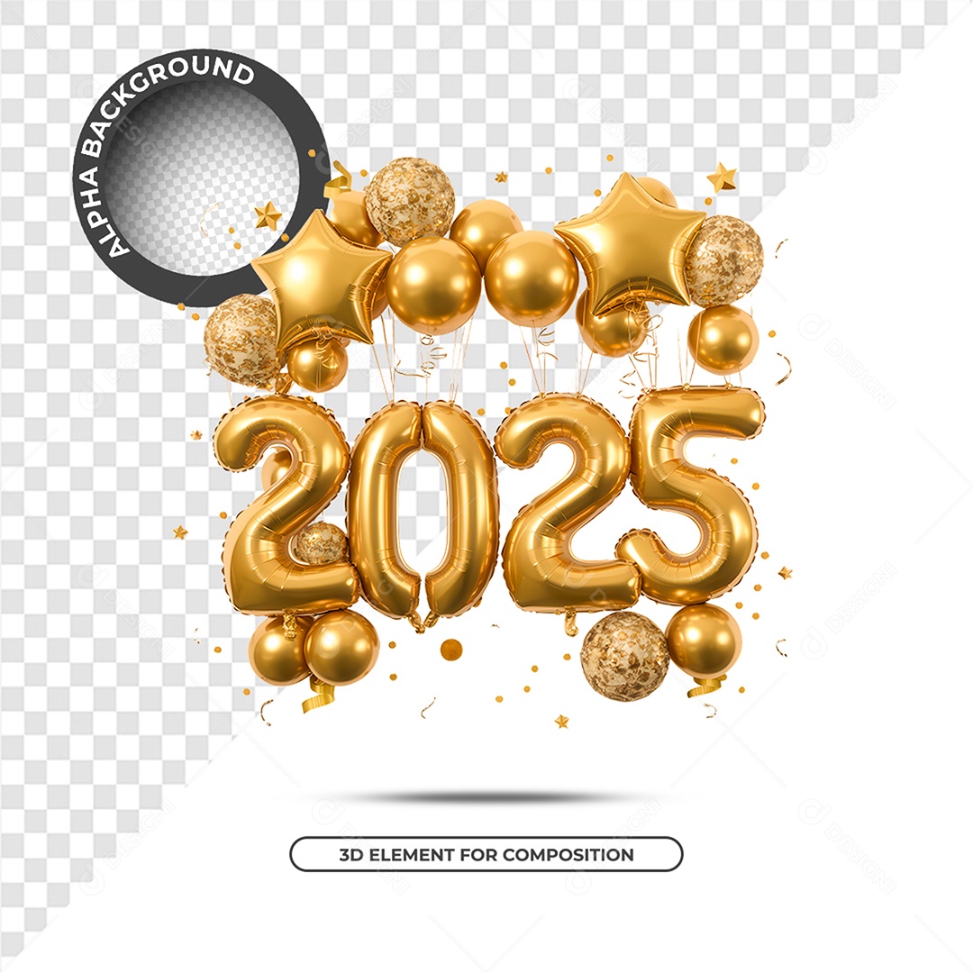 Ano Novo 2025 Elemento 3D Dourado para Composição PSD
