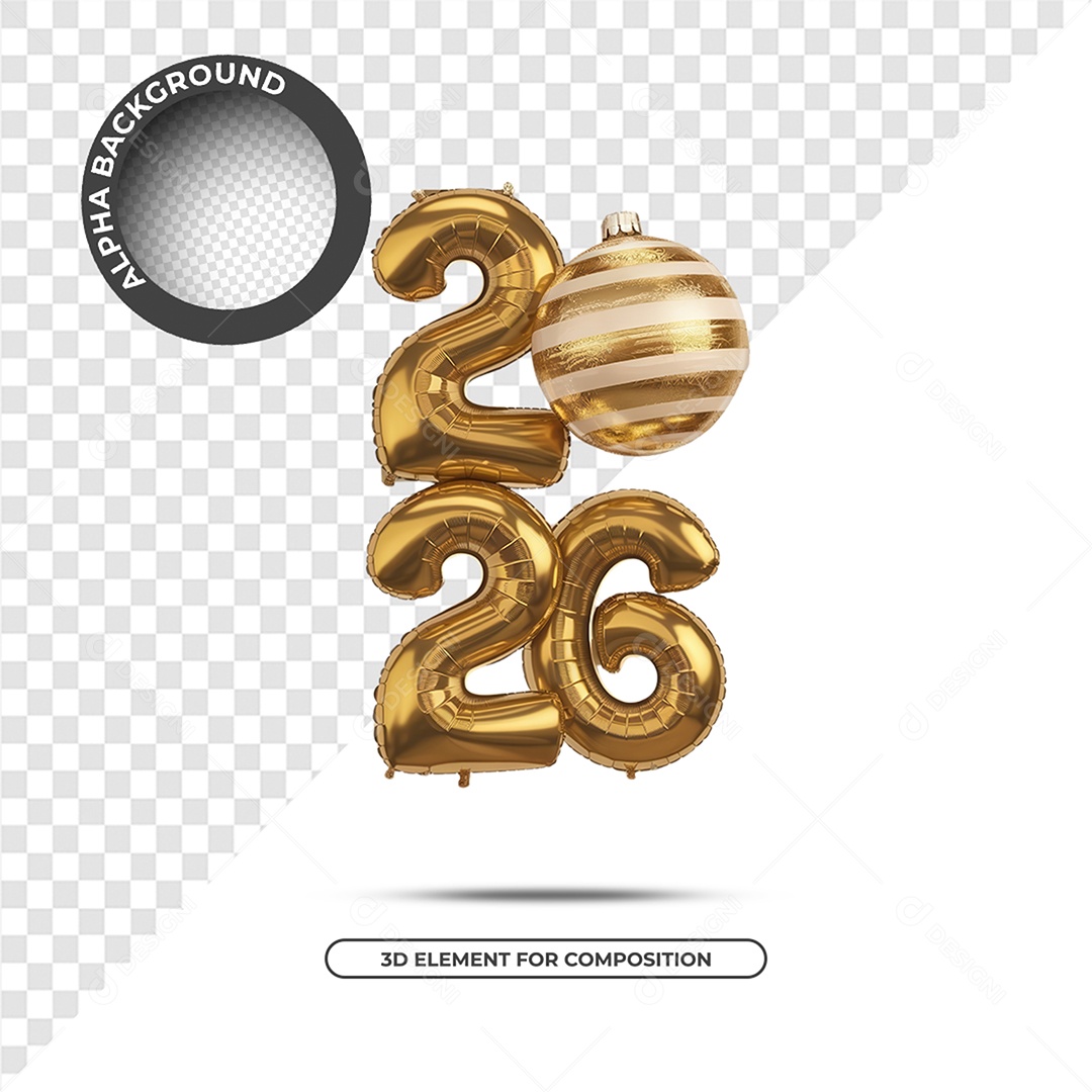 Ano Novo 2026 Elemento 3D Dourado para Composição PSD