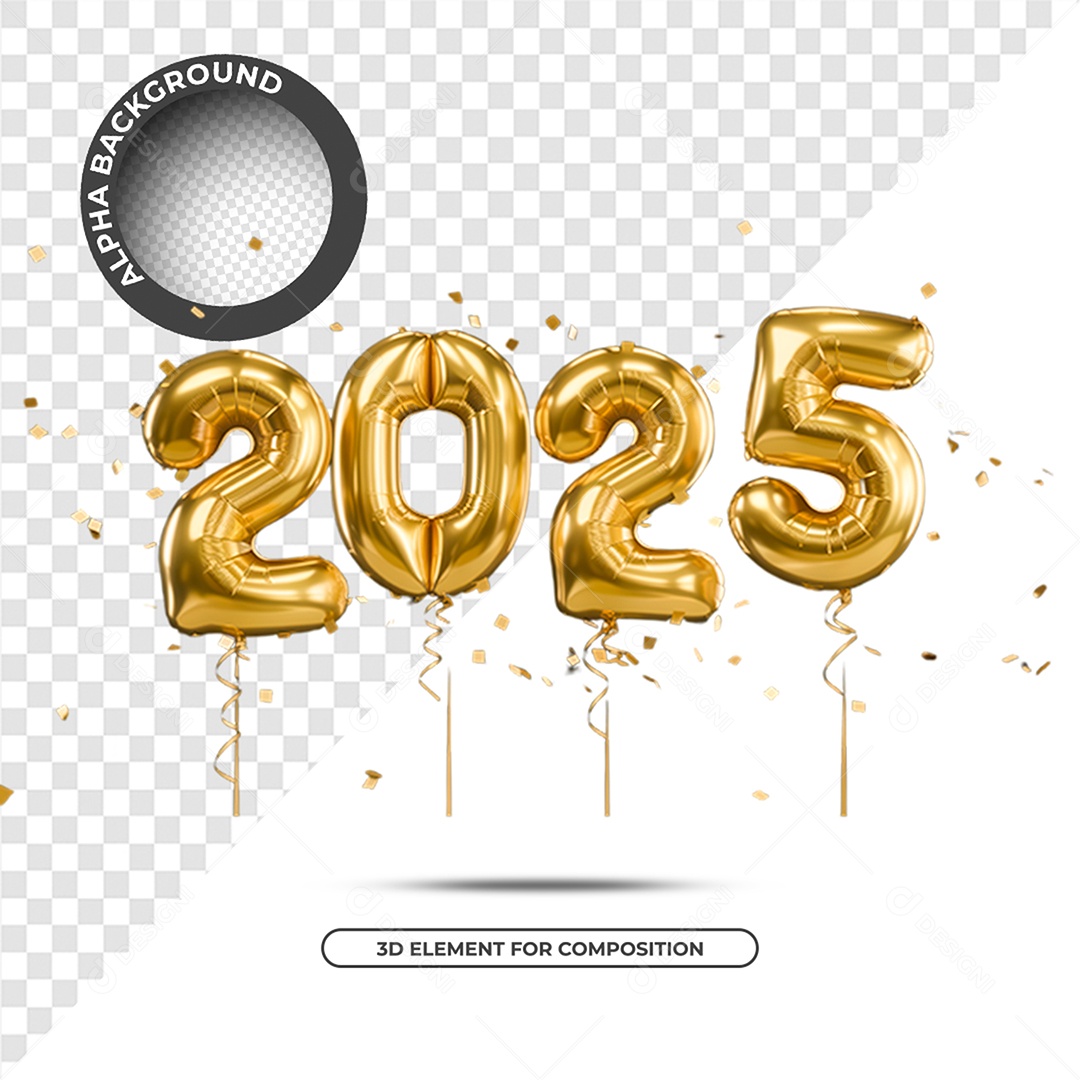 Ano Novo 2025 Elemento 3D Dourado para Composição PSD