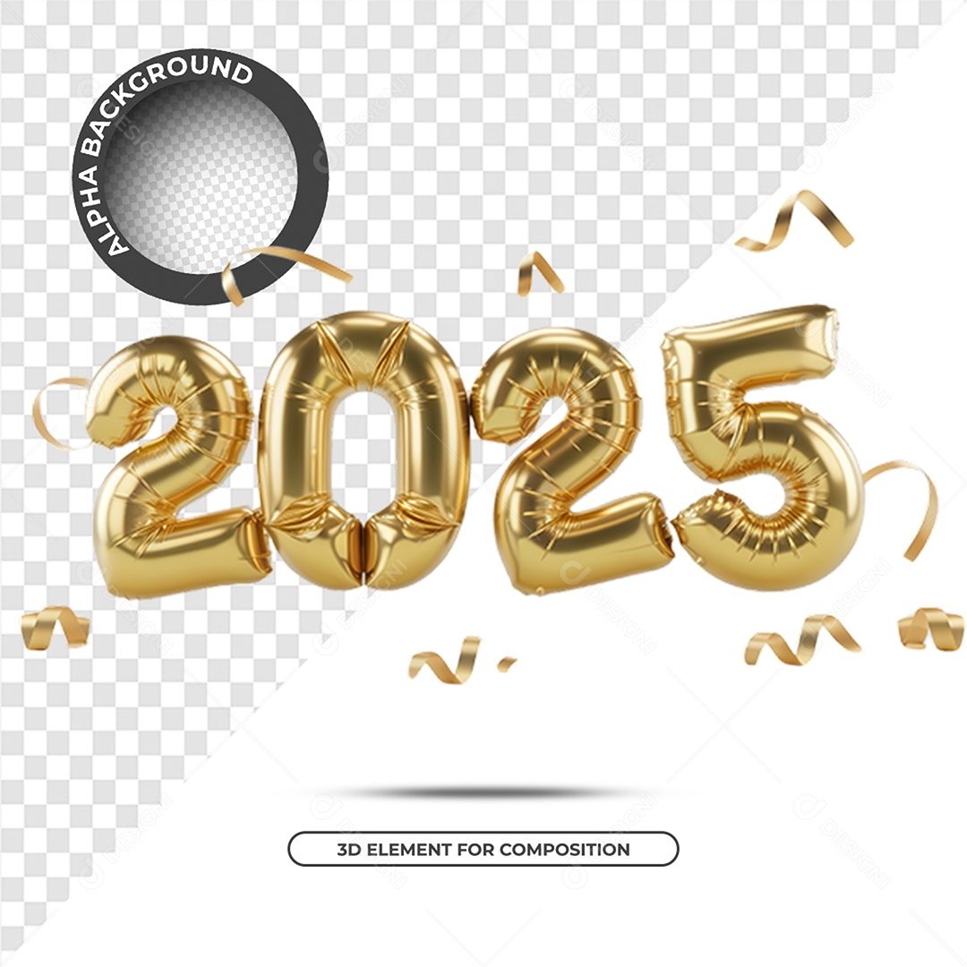 Ano Novo 2025 Elemento 3D Dourado para Composição PSD