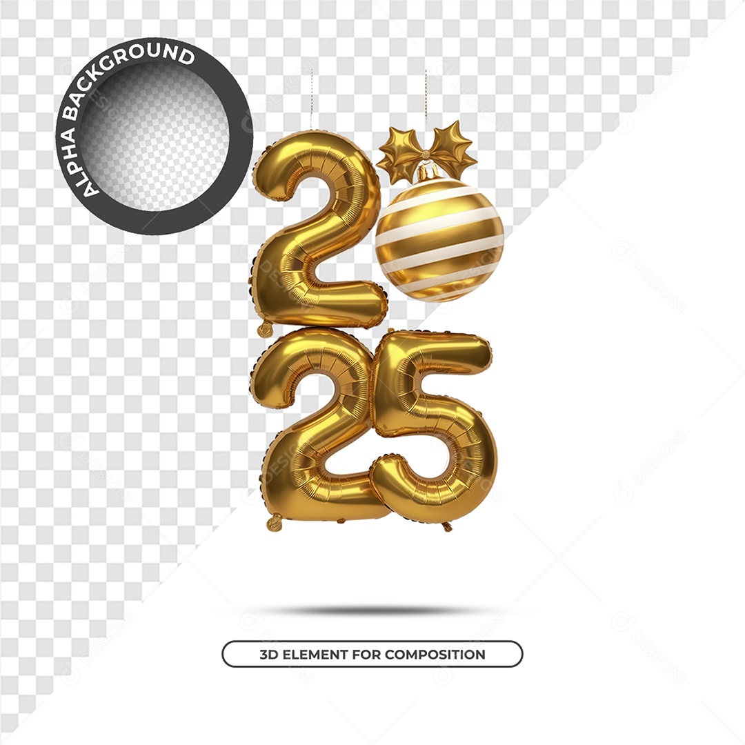 Ano Novo 2025 Elemento 3D Dourado para Composição PSD