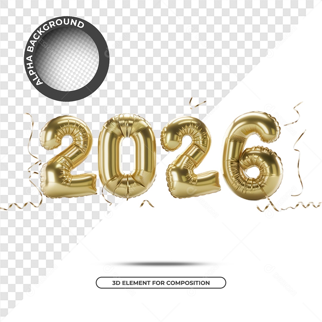 Ano Novo 2026 Elemento 3D Dourado para Composição PSD