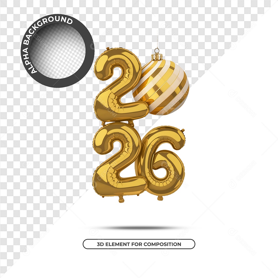 Ano Novo 2026 Elemento 3D Dourado para Composição PSD