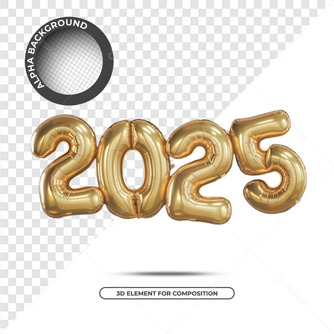 Ano Novo 2025 Elemento 3D Dourado para Composição PSD